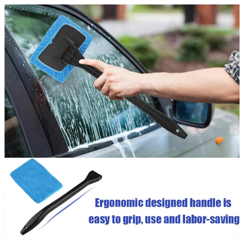 Car Window Cleaner Brush Kit – Microfiber Windshield Cleaning Tool with Long Handle & Reusable Cloth Pad