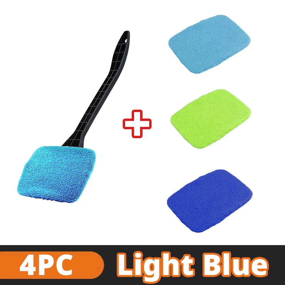 Car Window Cleaner Brush Kit – Microfiber Windshield Cleaning Tool with Long Handle & Reusable Cloth Pad