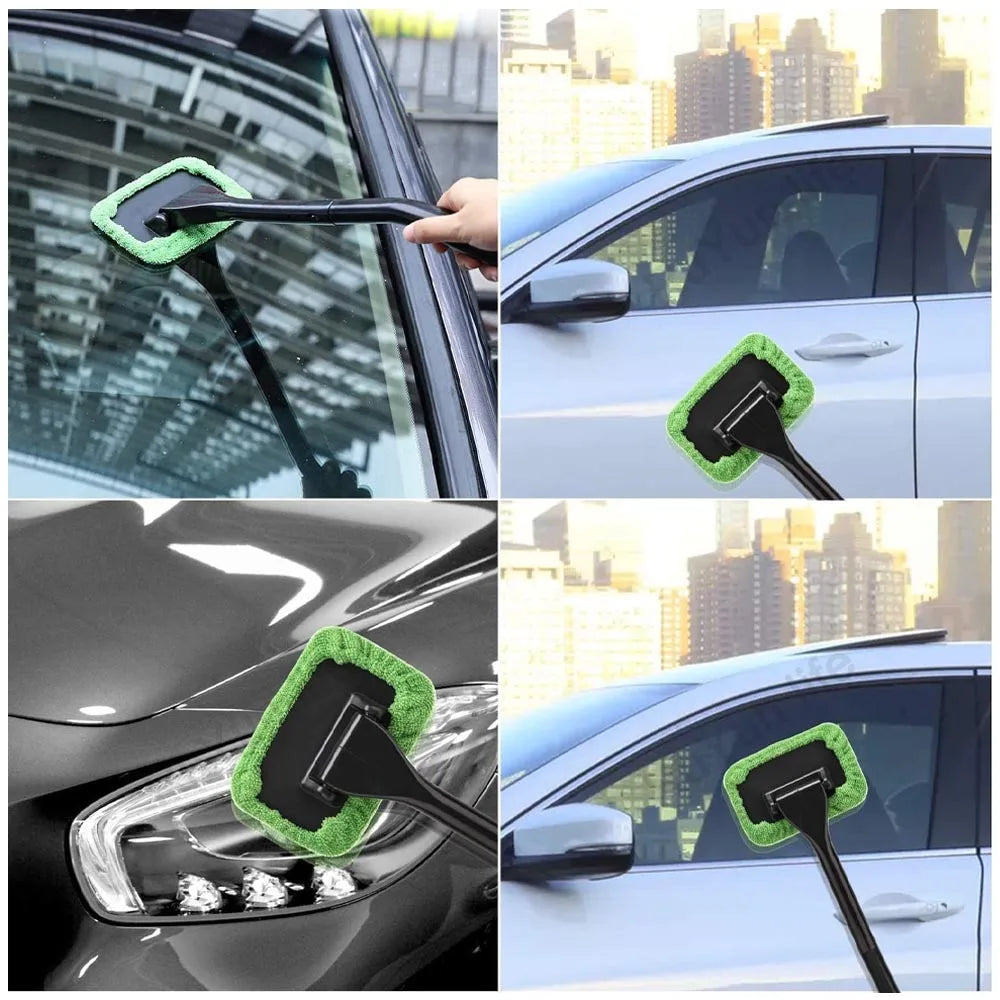 Car Window Cleaner Brush Kit – Microfiber Windshield Cleaning Tool with Long Handle & Reusable Cloth Pad
